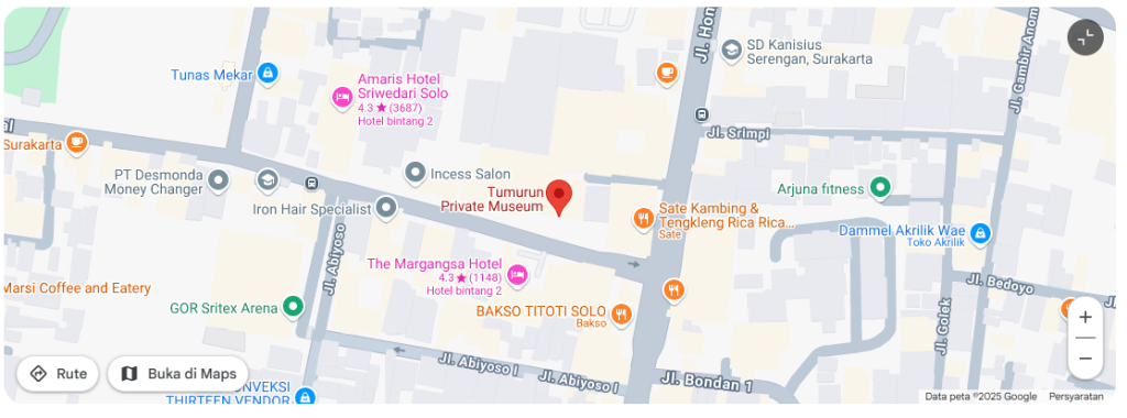 Museum Tumurun tepatnya ada di Jalan Kebangkitan Nasional No. 2/4, Kelurahan Sriwedari, Kecamatan Laweyan.